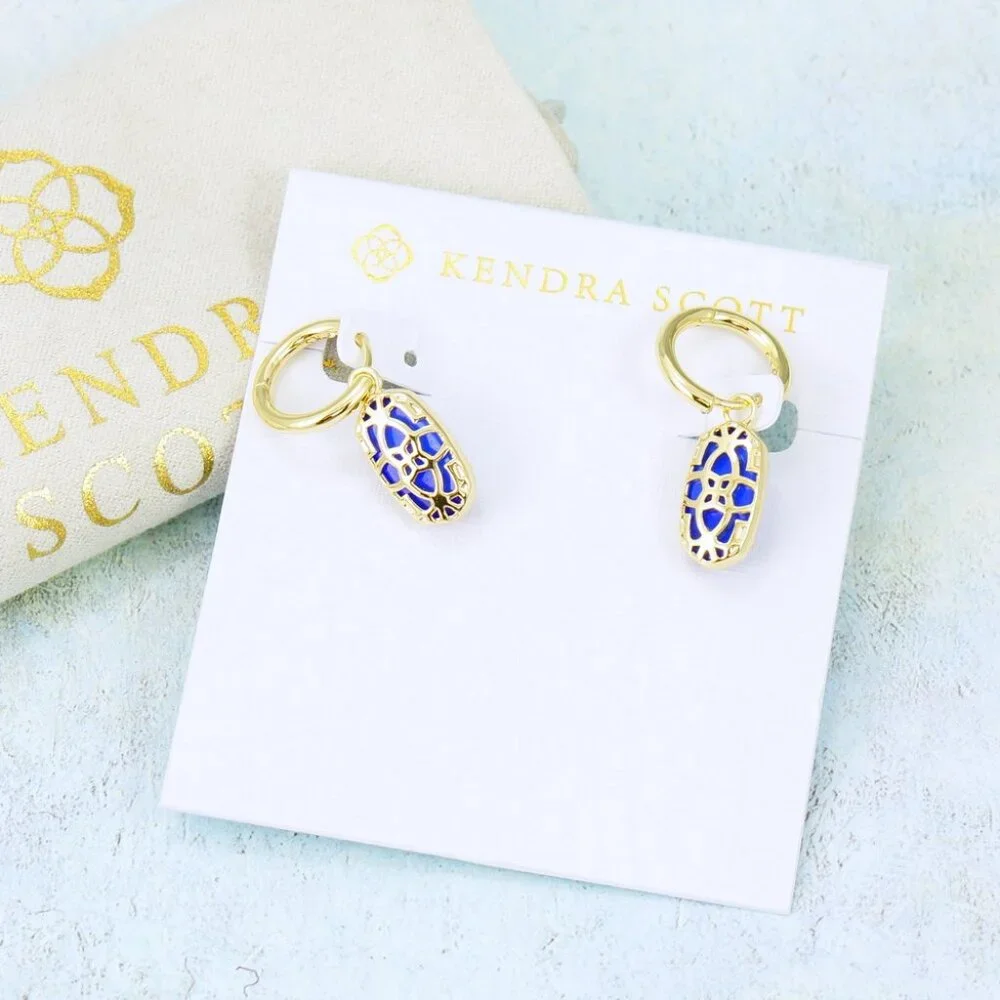 Kendra Scott Ellie Huggie Cobalt Blue Earrings Gold Plated September - Picture 4 of 6